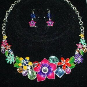 Multicolor Flower Necklace and Earrings Set Enamel Prom party Jewelry Set 077